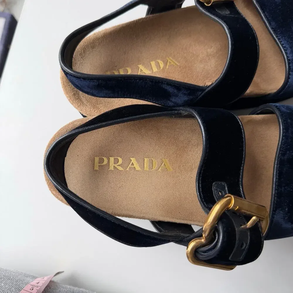 Prada (38) Navy Velvet Platform Sandals Double Strap Gold Buckle Comfortable
